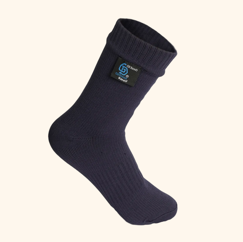 Black sock with a brand logo on a light gray background