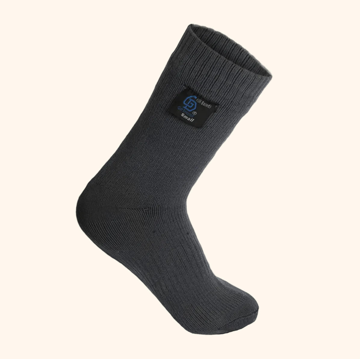 Gray sock with a brand logo on a light gray background