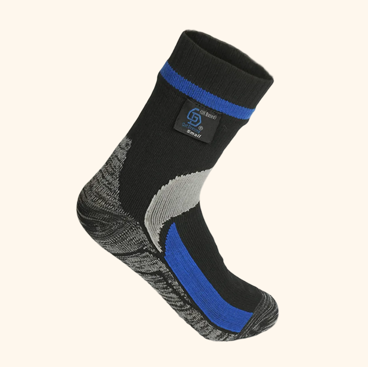 Black and gray sock with blue accents on a light gray background